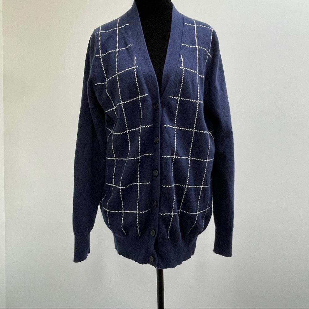 J.Crew Wool Cashmere Blend Windowpane Cardigan Sweater Navy M